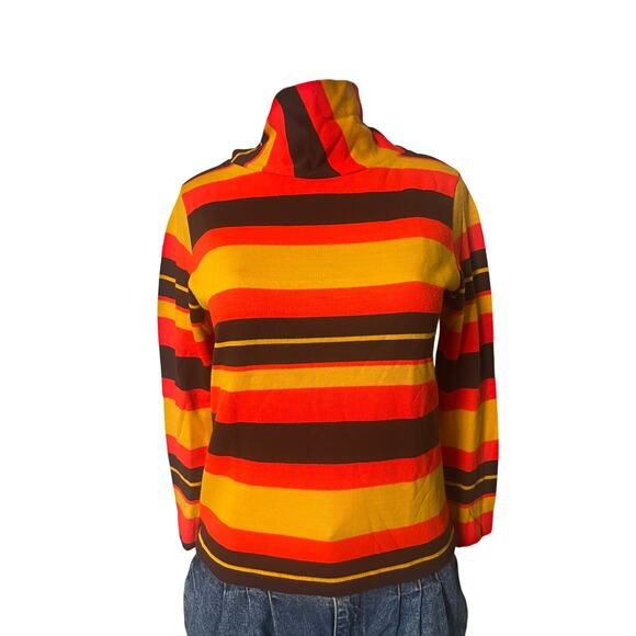 Vintage 70's Striped Long Sleeve Knit Mock Neck Top Orange Brown Medium - Picture 1 of 9